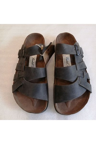 Butik Tülin Anthracite Unisex Genuine Calf Leather Burning - Three-Striped Bronze Buckle Artificial Cork Eva Sole Slippers