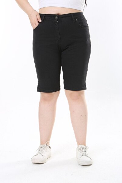 Era Lisa Large Size Black Lycra Slit Denim Shorts