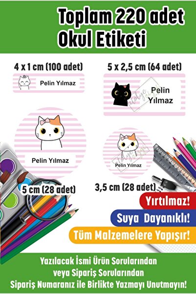 Atölye Çizgi Neşeli Kediler Okul Etiketi, Kalem Defter Etiketi Isme Özel 220 ...