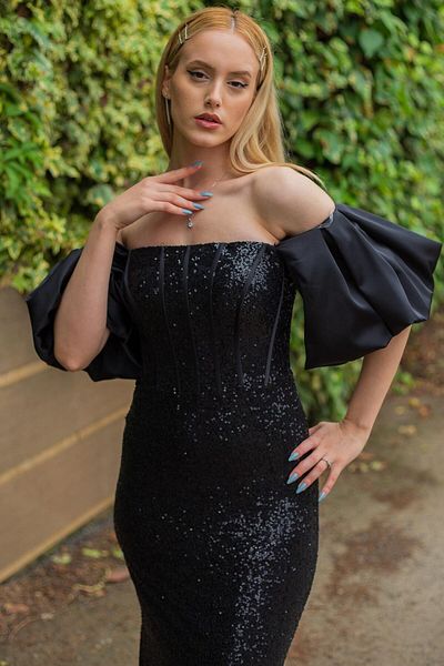 SpringStore Rochie de seară fără bretele cu mâneci cu balon negru
