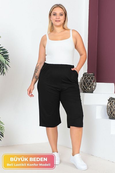 tarzımsüper Women's Large Size Elastic Waist Comfort Model with Pockets Comfortable Fit Lycra Cotton Wide Leg Capri