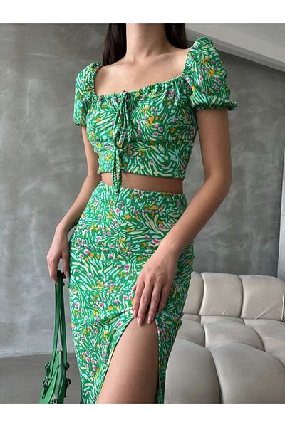 ubmbutik Madonna Crop Blouse and Slit Midi Skirt - Women's Double Set
