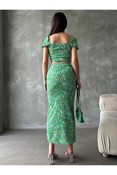 ubmbutik Madonna Crop Blouse and Slit Midi Skirt - Women's Double Set