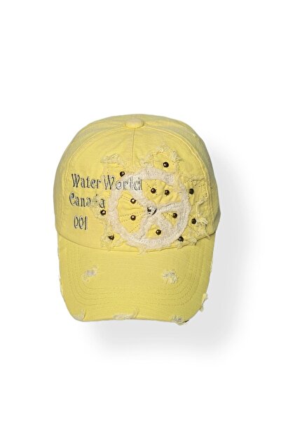 Senbeno Design Yazı Nakışlı Aplikeli Eskitme Sarı Unısex Beyzbol Şapka Cap