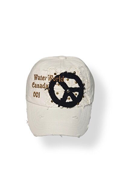 Senbeno Design Yazı Nakışlı Aplikeli Eskitme Beyaz Unısex Beyzbol Şapka Cap