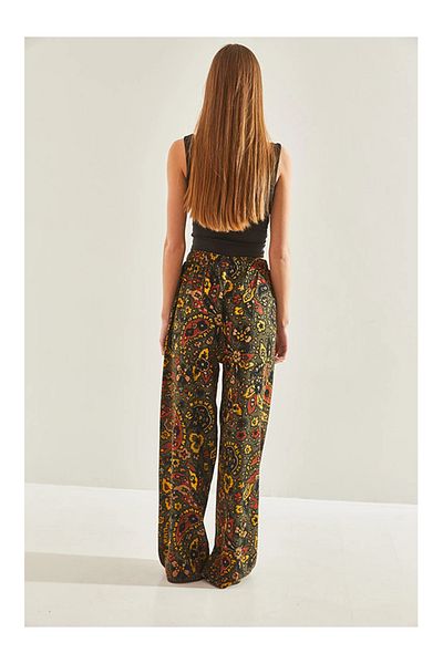 Namaste Vintage Ethnic Patterned Khaki Loose Trousers - Elastic Waist