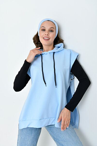 mirach Light Blue Hooded Long Vest - Oversize Sweatshirt Vest, Sleeveless Poncho