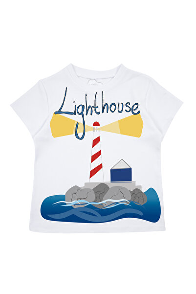 Erkek Çocuk %100 Pamuk Beyaz Lighthouse Baskılı Kısa Kol Tshirt