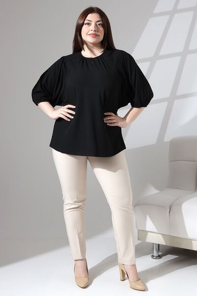 Şiir Women's Plus Size Jacquard Combed Drop Collar Butterfly Cut Drawstring Blouse & Plus Size Blouse