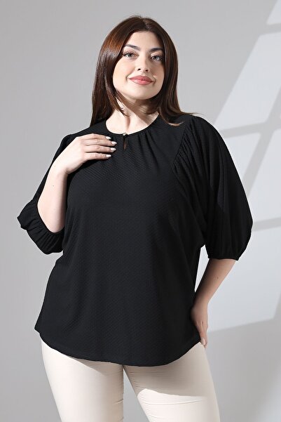 Şiir Women's Plus Size Jacquard Combed Drop Collar Butterfly Cut Drawstring Blouse & Plus Size Blouse