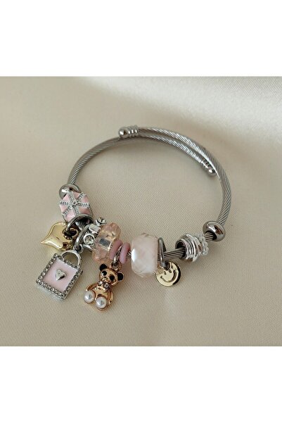 ARYA DESİGN Sevgililer Günü Hediyesi Ayıcık Ve Kalp Charmlı Çelik Bileklik