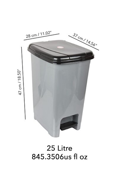 Meleni Home 25 Litre Pedallı Gri Banyo Mutfak Çöp Kovası Siyah Kapaklı Slim Pedallı Çöp Kovası