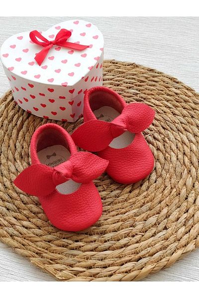 MİNİBİRİ Angel Model Baby Girl Red Genuine Leather Moccasin Booties First Step Shoes