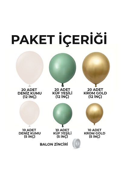 Konsept Sepeti 90 Pieces of Mildew Green Chrome Gold Balloon Chain Strip - 100 Pieces of Gift Balloon Tape