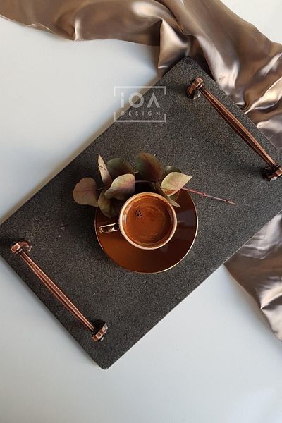 ioadesign Helen - Real Black Basalt Marble Δίσκος υπόσχεσης/αρραβώνα + 2 τμχ θήκη για δαχτυλίδια - Αντίκα χάλκινη λαβή
