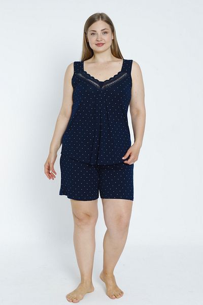 Lagertha by İntensive Women's Polka Dot Navy Blue Large Size Bottom Top Flexible Viscose Nightgown Set