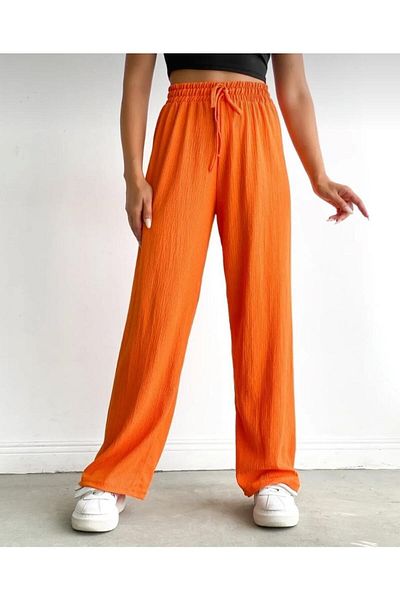 Gönen Passage Seersucker Fabric - Palozzo Pants with Wide Legs and Elastic Waist