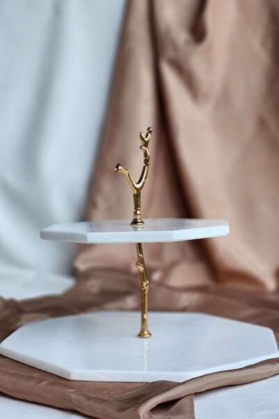 ioadesign Nilüfer - Real Thin Marble Serving Presentation Catering 2-Tier Cake Stand - Gold Metal Branch Figured