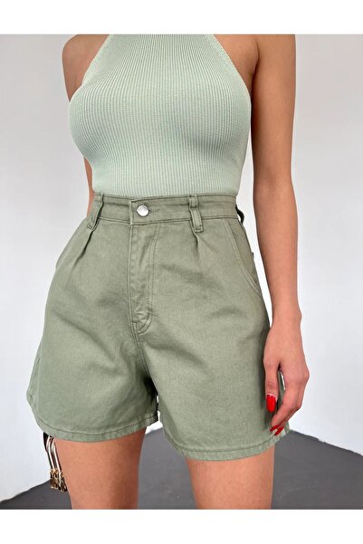 my bestt butik kadın cepli pileli mindyeşili mini denim şort