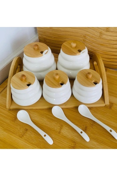 Qerhome وعاء توابل بورسلين 5 قطع مع حامل من الخيزران - CMR