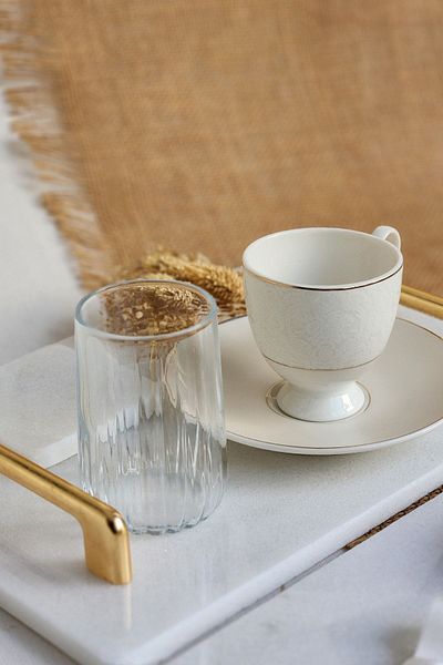 ioadesign Nergis - Groom's Coffee Set Real Fine Marble Tray + Cup + Water Cup + Turkish Delight Holder Gold Handle
