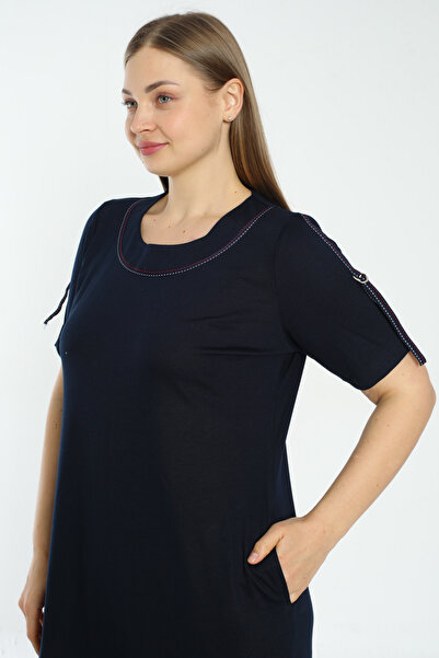 İntensive Kadın lacivert viskon şerit detaylı cepli büyük beden elbise