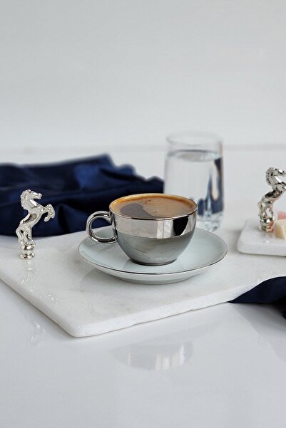 ioadesign Groom's Coffee Set Real Fine Marble Tray + Cup + Water Cup + Turkish Delight Bowl with Horse Figure Silver Color