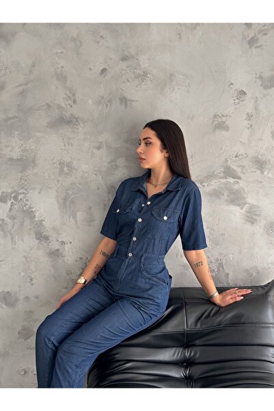 efstyle Salopetă Mom Denim cu mânecă scurtă