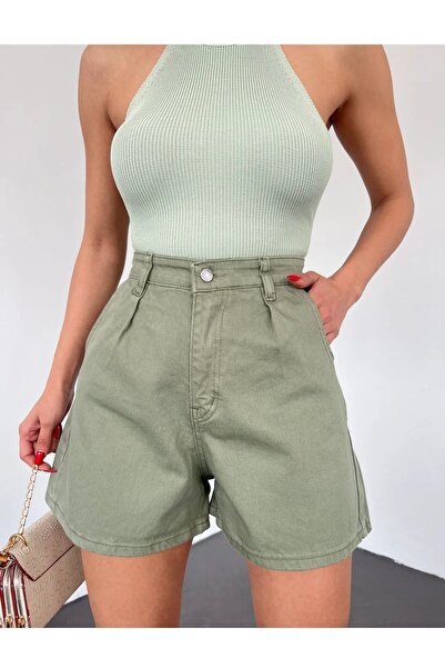 my bestt butik kadın cepli pileli mindyeşili mini denim şort