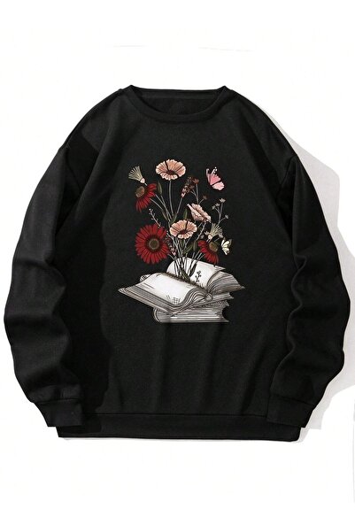 Deocept Μαύρο φλοράλ φούτερ με λαιμόκοψη Unisex Oversize