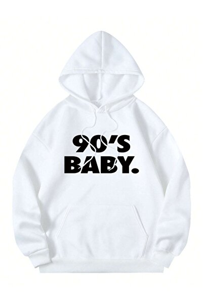 Deocept Hanorac cu glugă supradimensionat, alb, unisex, cu imprimeu BABY, anii 90