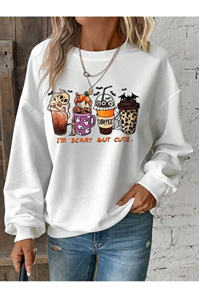 Deocept Hanorac alb oversize - Imprimat cu cafea înfricoșător, gât crew, unisex