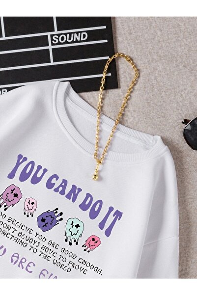 Deocept Λευκό Oversize Φούτερ - Γυναικείο, You Can Do It Printed