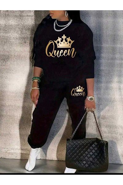 Deocept Oversize Women's Tracksuit Set - Crew Neck, Printed Bottom and Top Set, Boyfirend