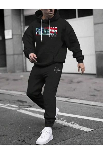 Deocept Men's Oversize Tracksuit Set - Hooded, Printed, Boyfirend