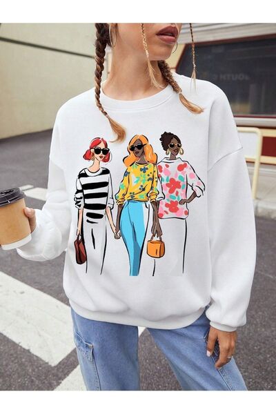 Deocept Hanorac oversize alb - 3 femei imprimate, ochelari, gât crew unisex