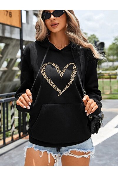 Deocept Φούτερ με κουκούλα με κουκούλα με λεοπάρ μοτίβο καρδιάς