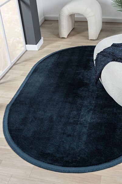 LİNOS HOME Puffy Mavi Düz Saçaklı Peluş Yumuşacık Yıkanabilir Kaymaz Taban Ha...