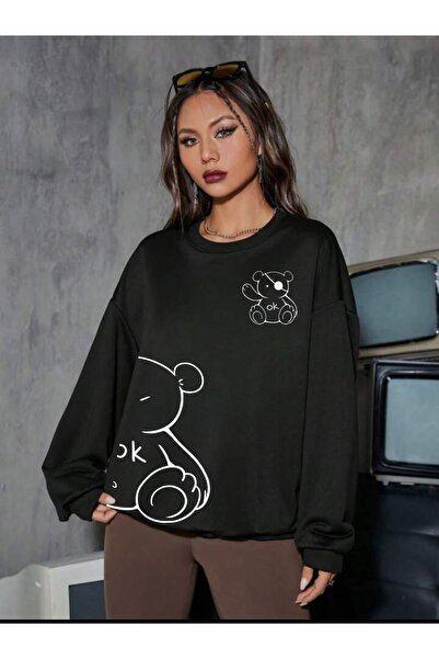 Deocept Unisex Black Oversize Sweatshirt - Crew Neck, Teddy Bear Printed