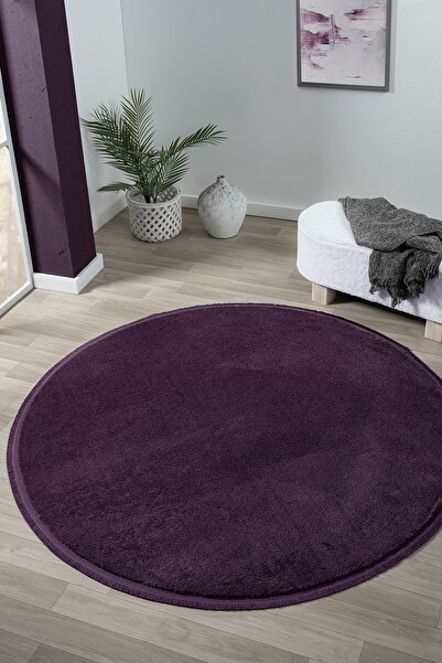 LİNOS HOME Puffy Lila Yuvarlak Düz Saçaklı Peluş Halı Yumuşacık Yıkanabilir K...