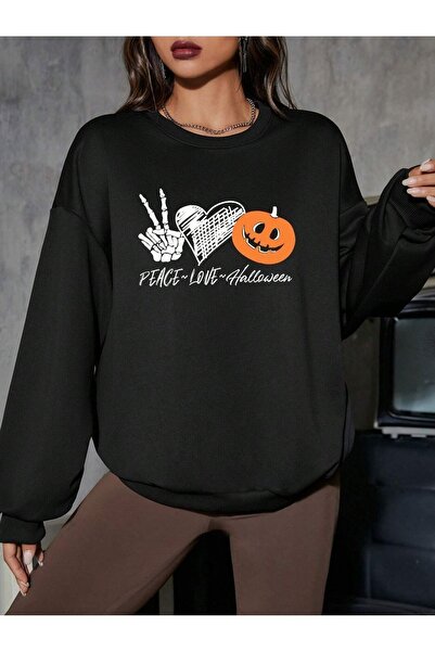Deocept Peace Love Halloween Printed - Hanorac oversize, unisex, negru, cu de...