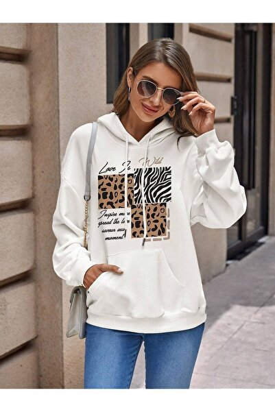 Deocept Hanorac cu glugă supradimensionat, alb, unisex, cu imprimeu „Love Is Wild”.