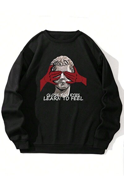 Deocept Hanorac oversize negru unisex - Imprimat Close You Eyes, Decolteu Crew