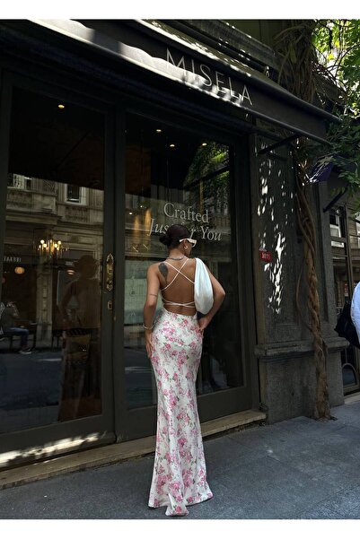 LB Laluna Butik Fustă lungă din satin pentru femei roz crem cu modele florale