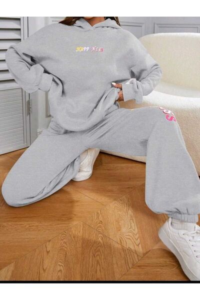 Deocept Happiness з принтом Чорно-сірий оверсайз комплект - Спортивний костюм з капюшоном і комплект Boyfirend