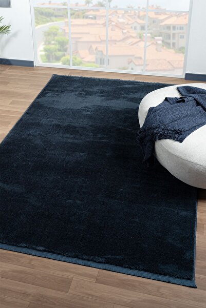 LİNOS HOME Puffy Mavi Saçaklı Peluş Halı Yumuşacık Yıkanabilir Kaymaz Taban Halı Salon Oturma Odası Koridor