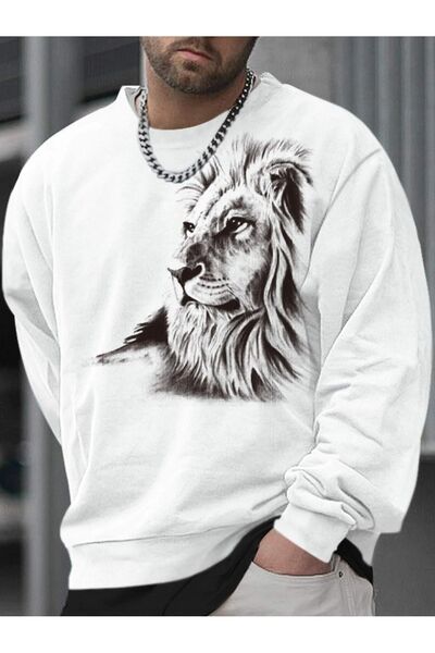 Deocept Aslan Baskılı Beyaz Bisiklet Yaka Ünisex Oversize Sweatshirt