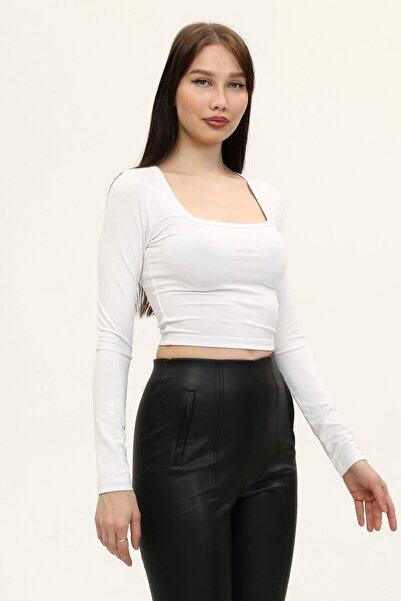 LAENT Γυναικεία μακρυμάνικη μπλούζα με λευκό τετράγωνο λαιμό