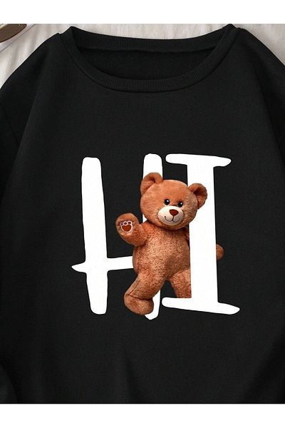 Deocept Hanorac oversize negru unisex cu gât crew - Teddy Bear HI Printed