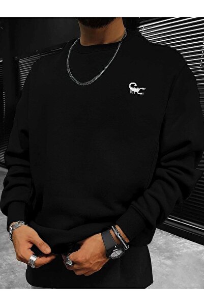 Deocept Unisex Μαύρο Oversize Φούτερ - Scorpion Printed, Crew Neck